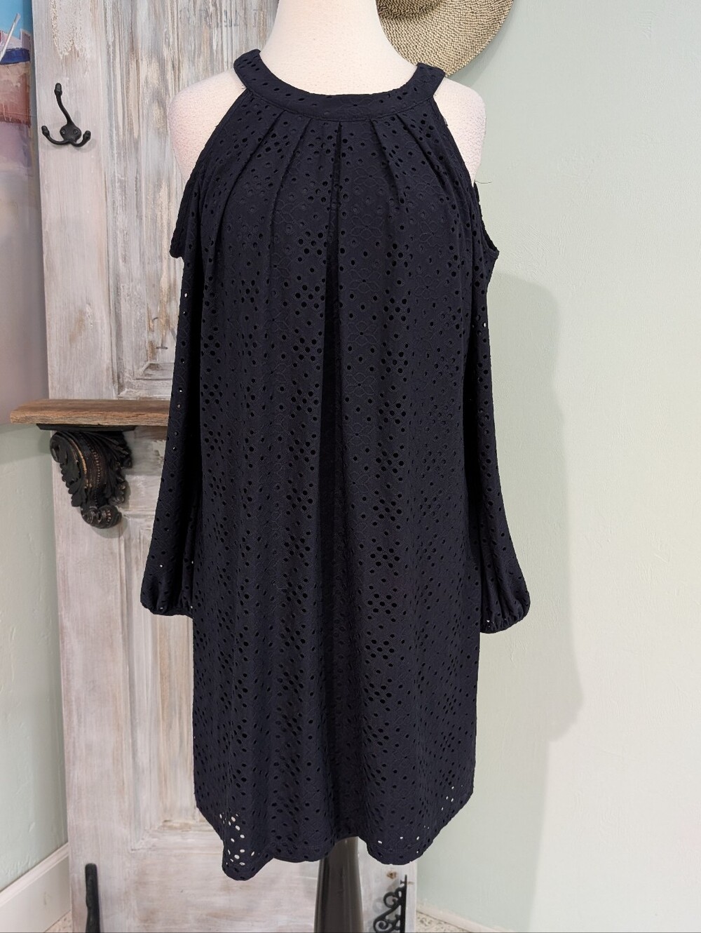Maggy L Black Eyelet Cold-Shoulder Swing Dress